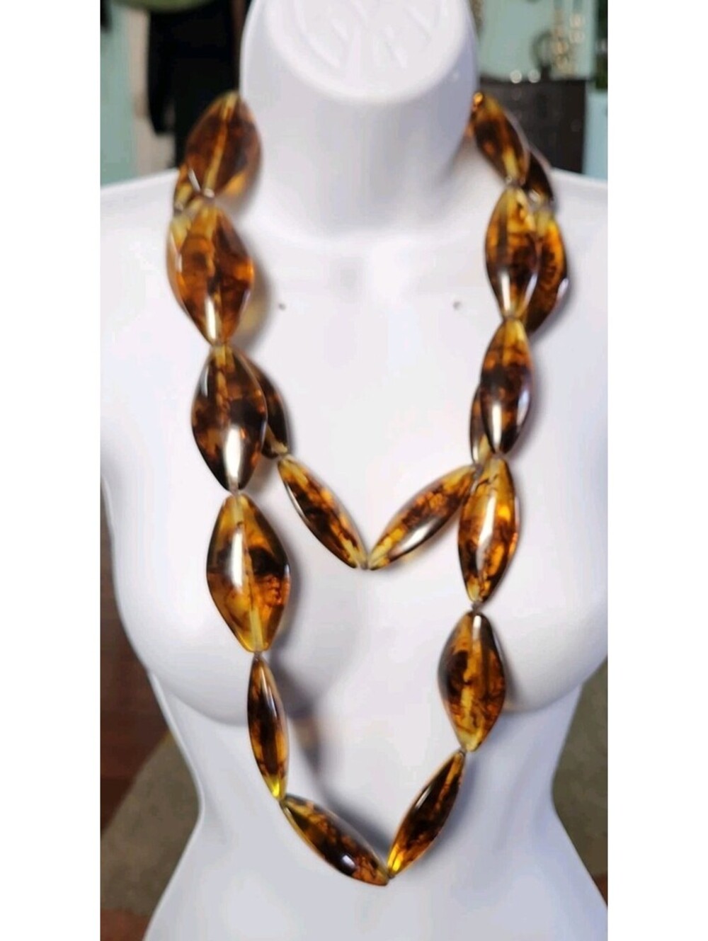 vintage CN Signed 347gs Of Graduated amber Pull Over Statement necklace(60"
